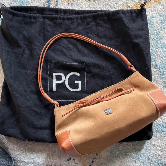 VTG PG Suede Leather Shoulder Bag Tan Brown Bow Accent Y2K Small Purse Designer - Picture 1 of 12
